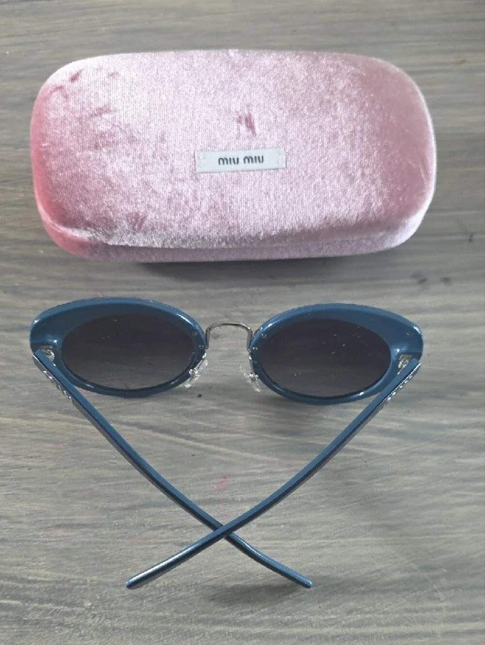 Miu Miu Blue Cat-Eye Sunglasses with Pink Velvet Case